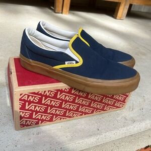 Vans Custom Slip Ons - size 9 - navy w/yellow, gum sole